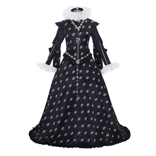 Tudor Dynasty Medieval Court Dress Renaissance Inspired Gown Prom Outfit Black White Polka Dot Ruffled Collar Cuffs Ornate Beaded Detail Women'sHalloween Carnival Valentine's Day Party Evening Dress Masquerade Adults' Dress All