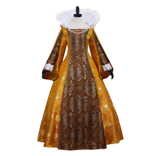 Anne Boleyn Dress Costume Tudor Queen Dress Queen Elizabeth Ball Gown Dresss Costume Prom Outfit Gold Brown Ornate Pattern Ruffled Collar Cuffs Women's Halloween Carnival Valentine's Day Party Evening Dress Masquerade Adults' Dress All