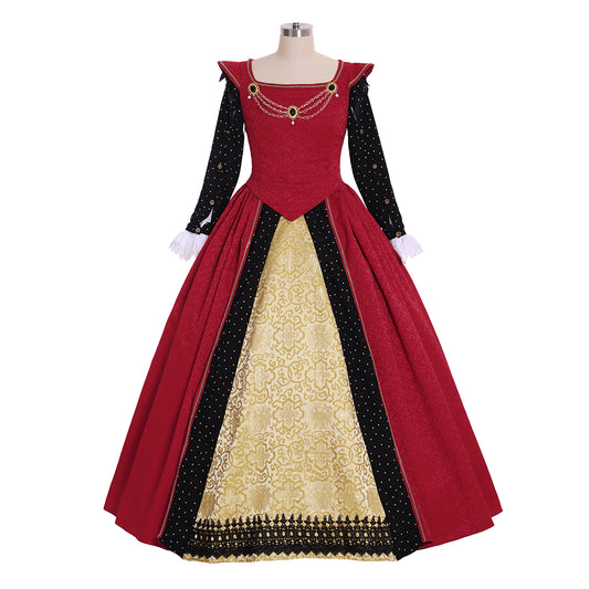 Medieval Tudor Queen Dress Costume Red and Gold Ornate Pattern Square Neckline Long Sleeve with White Cuffs Women's Halloween Fancy Outfits Party Costume Prom Outfit Valentine's Day Party Evening Dress Masquerade Adults' Dress All