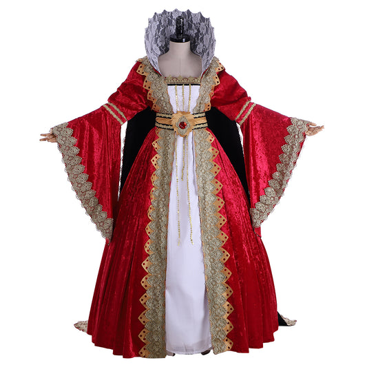 Queen Elizabeth Tudor Period Dress Renaissance Medieval Anne Boleyn Dress GownProm Outfit Princess Shakespeare Red - Gold Embroidered Long Sleeve Women's Halloween Carnival Valentine's Day Party Evening Party Masquerade Adults' Dress All