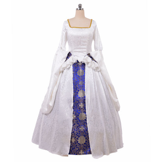 Queen Elizabeth Tudor Period Dress Renaissance Medieval Inspired Gown Shakespeare  Princess White &Blue Patterned Long Sleeve gowm Women's Halloween  Carnival  Party Evening  dress Masquerade Adults' Dress
