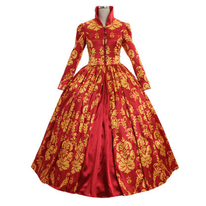 Victorian Rococo Medieval Floor - Length Dress Ball Gown Party Costume Princess Floral - Patterned Ball Gown Long - Sleeve Red Women’s Royal Halloween Carnival Party Prom Carnival of Venice Dress