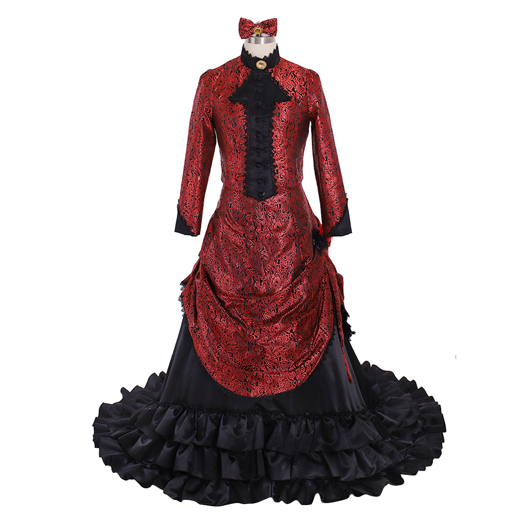 Victorian Rococo Medieval Floor Length Dress Ball Gown Party Costume Princess Patterned Ball Gown Long Sleeve Red Black Women's Halloween Carnival Party Evening Dress Valentine's DayParty Masquerade Adults' Dress All