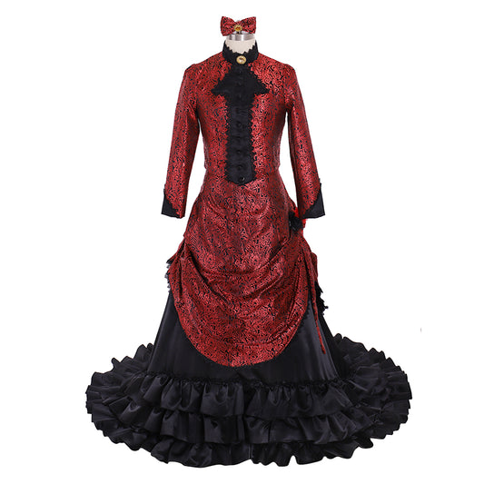 Victorian Rococo Medieval Floor Length Dress Ball Gown Party Costume Princess Patterned Ball Gown Long Sleeve Red Black Women's Halloween Carnival Party Evening Dress Valentine's DayParty Masquerade Adults' Dress All