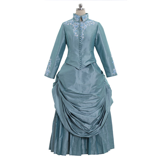 Victorian Rococo Medieval Floor Length Dress Ball Gown Party Costume Princess Patterned Ball Gown Stand Collar Long Sleeve Teal Women's Halloween Carnival Party Evening Dress Valentine's Day Party Masquerade Adults' Dress All