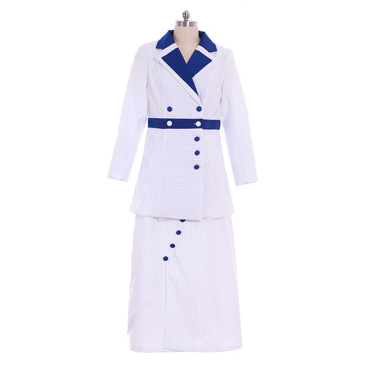 Victorian Rococo Medieval Floor Length Two Piece Suit Party Costume Notch Collar Long Sleeve White Navy Women's Halloween Carnival Party Evening Dress Valentine's Day Party Masquerade Adults' Dress All