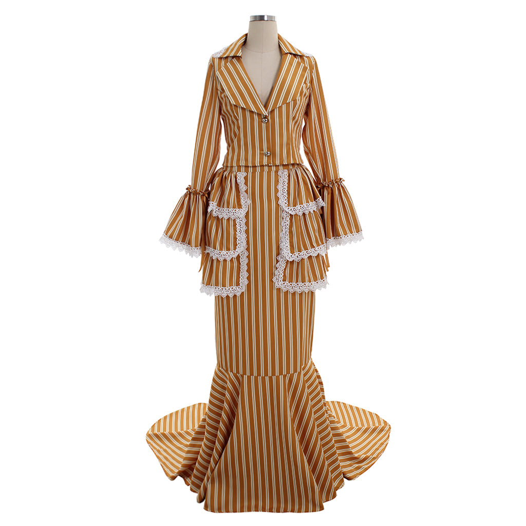 Victorian Gothic Vintage Inspired Dress Party Costume Prom Outfit Princess Shakespeare Yellow - Brown Striped Flared Cuff Women's Halloween Carnival Valentine's Day Party Evening Party Masquerade Adults' Dress All
