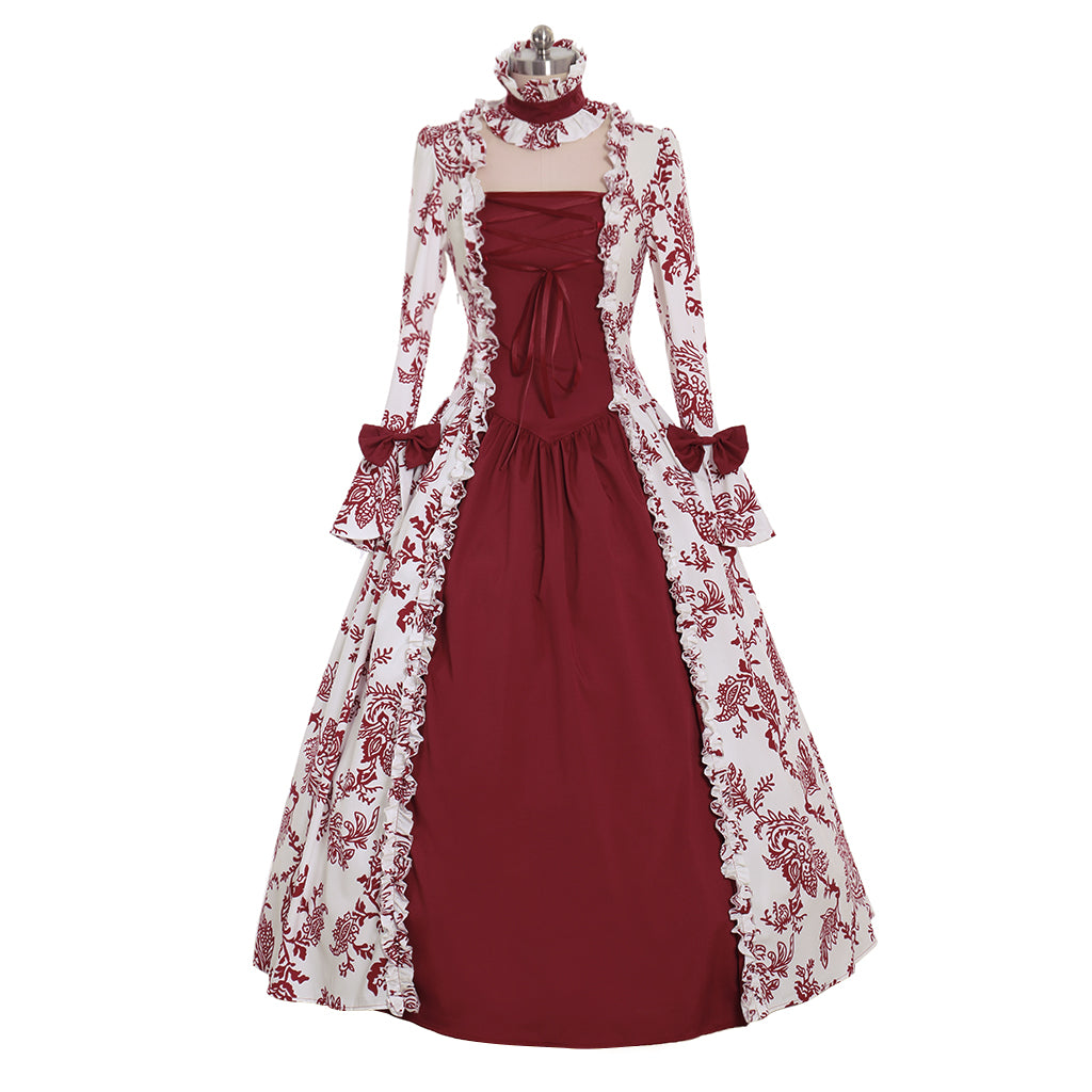 Victorian Gothic Vintage Inspired Dress Party Costume Prom Outfit Princess Shakespeare Burgundy White Floral Patterned Ruffled Cuff Women's Halloween Carnival Valentine's Day Party Evening Party Masquerade Adults' Dress All