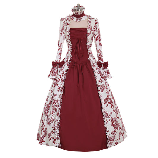Victorian Gothic Vintage Inspired Dress Party Costume Prom Outfit Princess Shakespeare Burgundy White Floral Patterned Ruffled Cuff Women's Halloween Carnival Valentine's Day Party Evening Party Masquerade Adults' Dress All