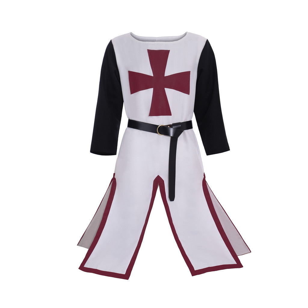 Medieval Templar Men's White Tunic with Black Sleeves, Red Cross and Belt Costume for Historical Reenactments, Cosplay Events or Halloween Parties