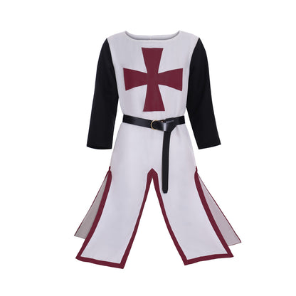 Medieval Templar Men's White Tunic with Black Sleeves, Red Cross and Belt Costume for Historical Reenactments, Cosplay Events or Halloween Parties
