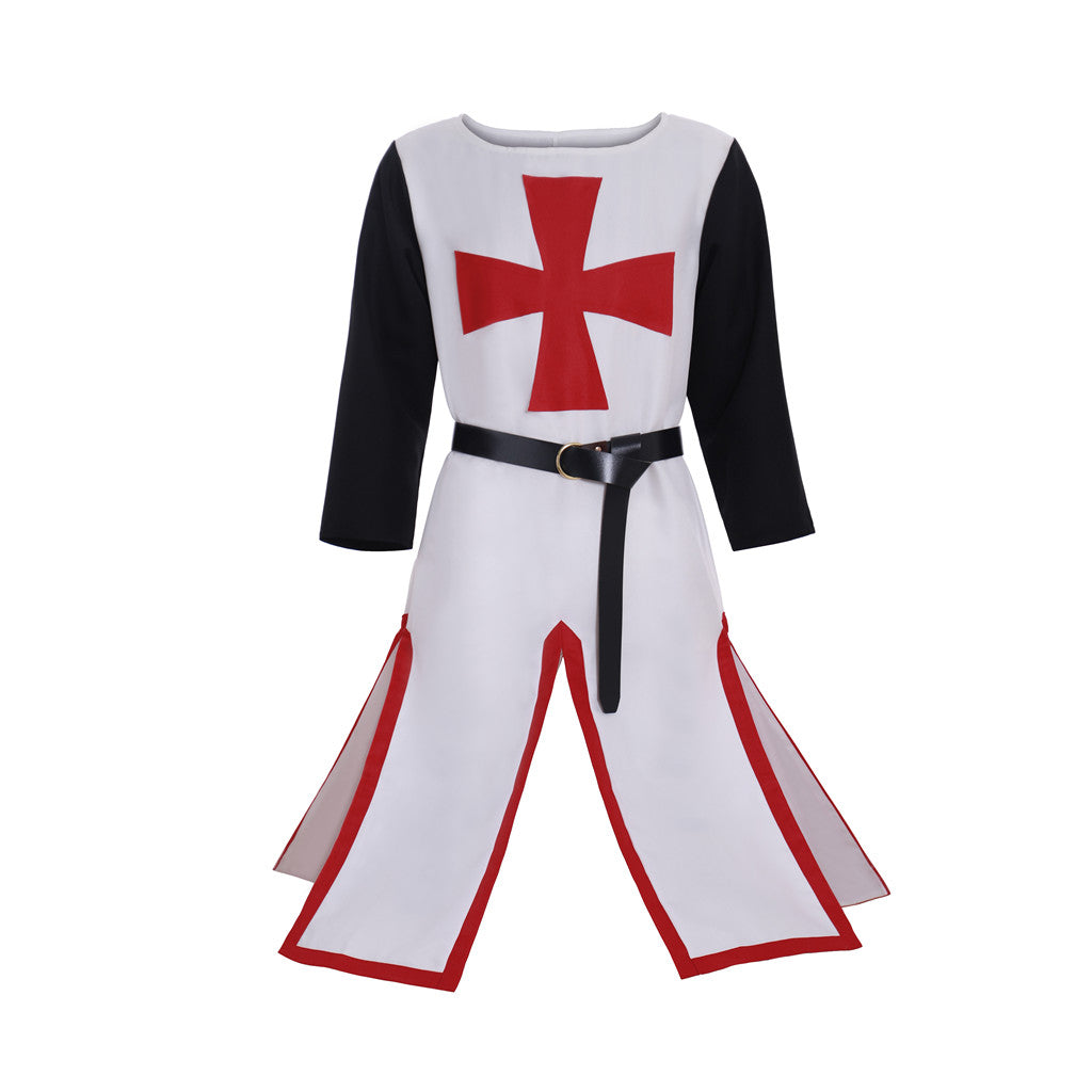 Medieval Templar Men's White Tunic with Black Sleeves, Red Cross and Belt Costume for Historical Reenactments, Cosplay Events or Halloween Parties