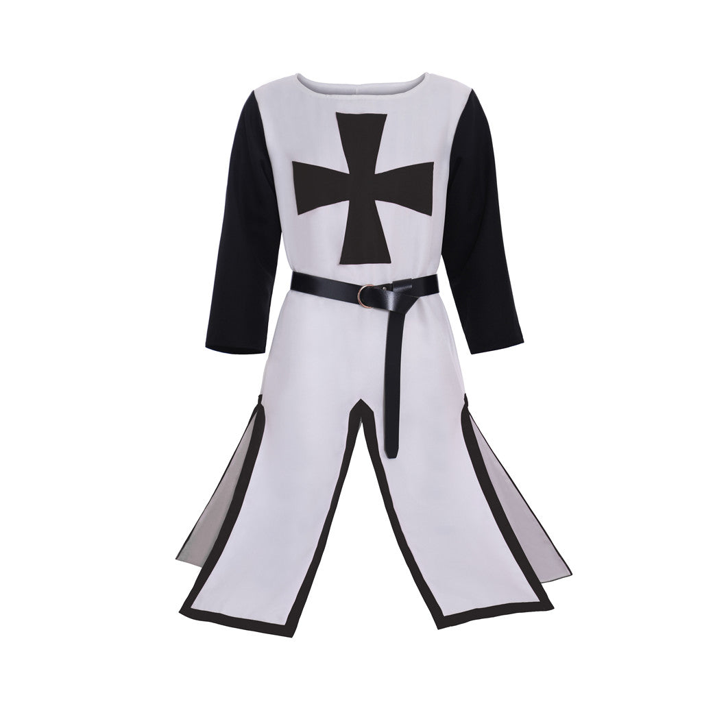 Medieval Templar Men's White Tunic with Black Sleeves, Red Cross and Belt Costume for Historical Reenactments, Cosplay Events or Halloween Parties