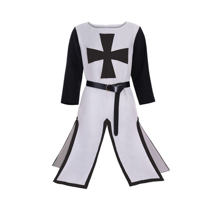 Medieval Templar Men's White Tunic with Black Sleeves, Red Cross and Belt Costume for Historical Reenactments, Cosplay Events or Halloween Parties