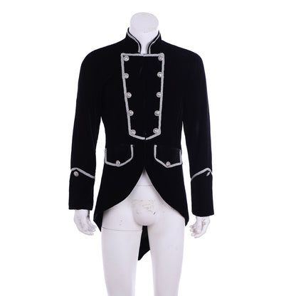 Medieval Military Officer Men's Black Coat with Silver Trim Ornate Silver Detailing and Buttons Costume for Historical Reenactments Cosplay Events or Halloween Christmas or Parties