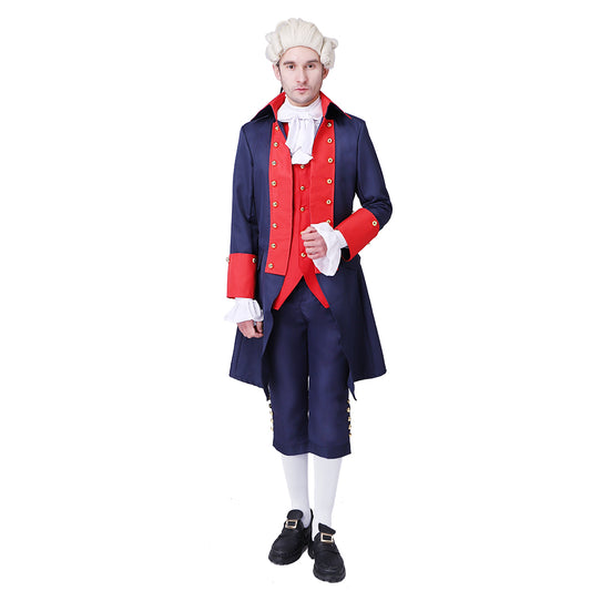 Medieval Military Officer Men's Navy Blue Coat with Red Trim Ornate Red Detailing and Buttons Costume for Historical Reenactments Cosplay Events or Halloween Christmas or Parties