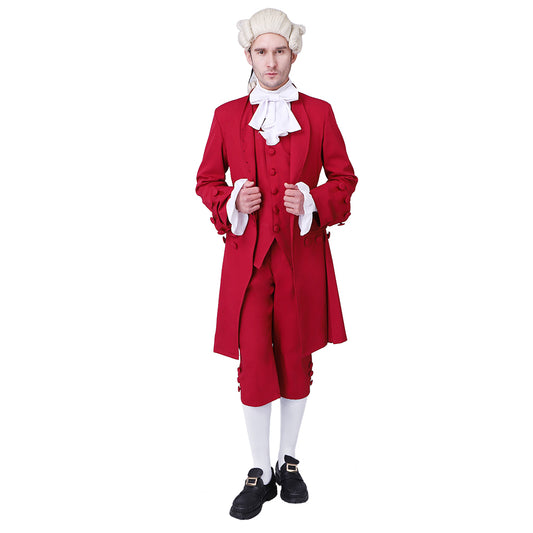 Medieval Military Officer Men's Red Coat with White Trim Ornate White Detailing and Buttons Costume for Historical Reenactments Cosplay Events or Halloween Christmas or Parties