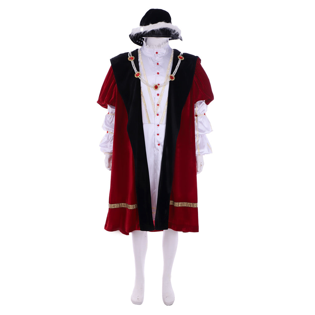 Tudor Noble Court Costume Crimson Velvet Robe with Black Panels Gold Trim Jeweled Accents Ruffled Sleeves and Black Feathered Hat for Historical Reenactments Halloween Christmas or Parties