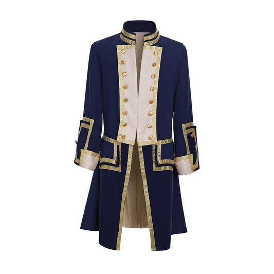 Regency Men's Navy Blue Gold Embellished Noble Military Inspired Court Costume Cosplay Stage Outfit Adult Halloween Christmas Party Themed Outfit