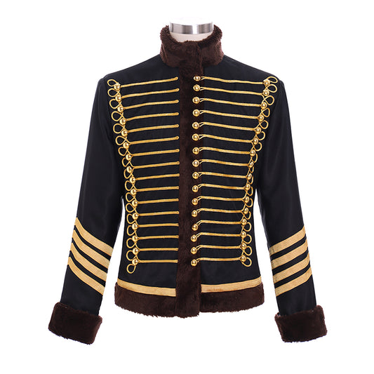 Medieval Victorian Men's Black Gold Accented Brown Fur Trimmed Military Inspired Noble Court Costume Cosplay Stage Outfit Adult Halloween Christmas Party Themed Outfit