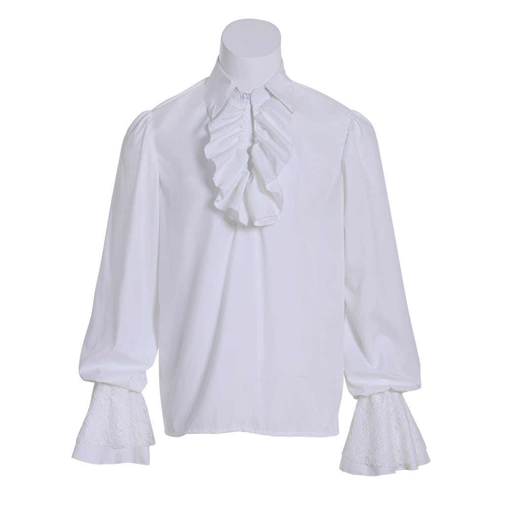Medieval Victorian Inspired White Ruffled Collar Lace Cuffed Shirt
