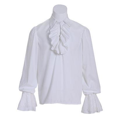 Medieval Victorian Inspired White Ruffled Collar Lace Cuffed Shirt