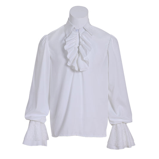 Medieval Victorian Inspired White Ruffled Collar Lace Cuffed Shirt