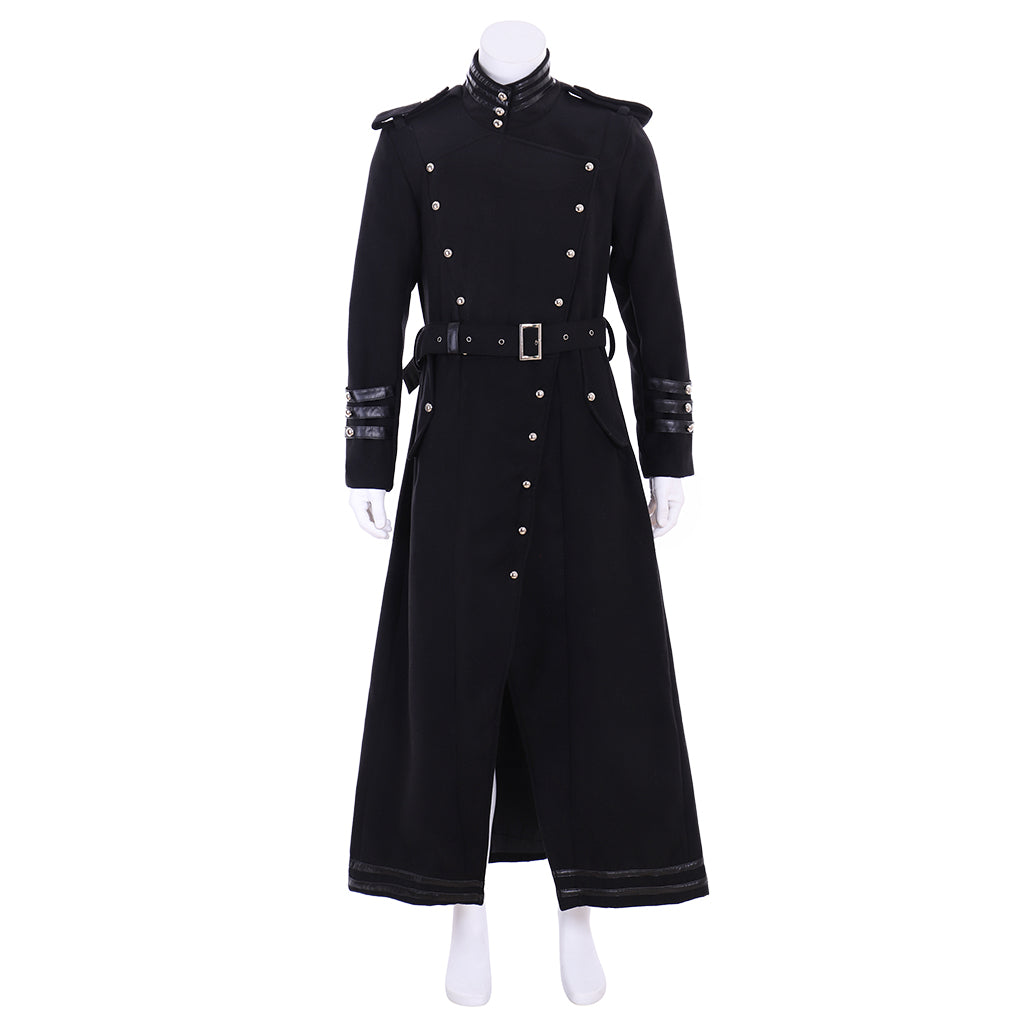 Medieval Men's Black Military  style Long Coat with Silver Accents Buttons and Belt Cosplay Stage Costume Adult Halloween Christmas Party Themed Outfit
