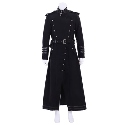 Medieval Men's Black Military  style Long Coat with Silver Accents Buttons and Belt Cosplay Stage Costume Adult Halloween Christmas Party Themed Outfit