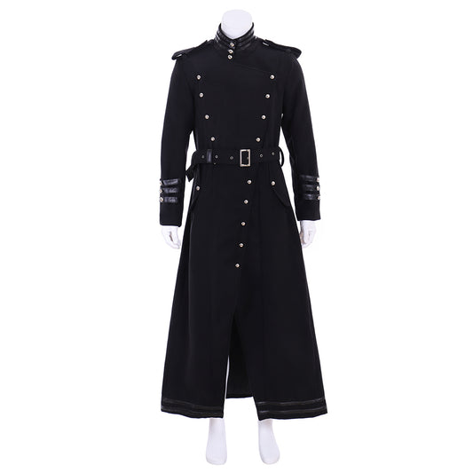 Medieval Men's Black Military  style Long Coat with Silver Accents Buttons and Belt Cosplay Stage Costume Adult Halloween Christmas Party Themed Outfit