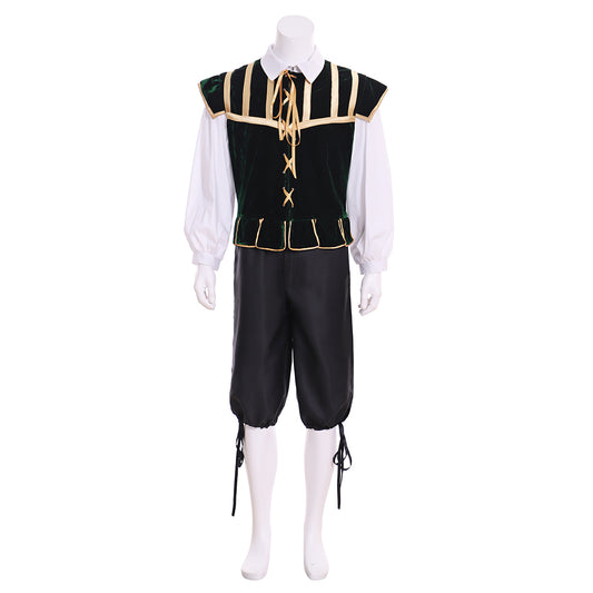 Men's Medieval Costume Set with White Shirt, Black Vest Gold Accents and Black Shorts Cosplay Stage Outfit for Halloween, Christmas or Themed Parties