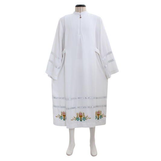 Medieva Men's White Liturgical Robe with Silver Trim and Embroidered Wheat  Floral Motifs
