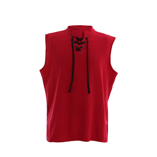 Medieva Men's Sleeveless Tunic with Lace Up Neckline Renaissance Style Top for Cosplay or Themed EventsHalloween Christmas or Themed Parties