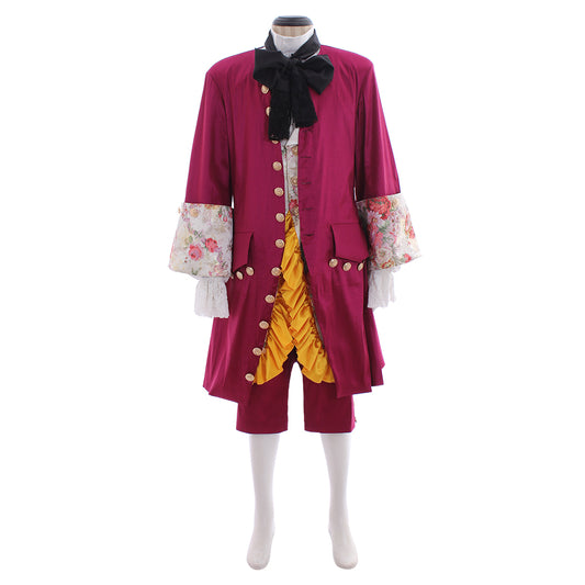 Men's Renaissance Burgundy Frock Coat with Floral Embroidered Cuffs, Yellow Accents and Black Cravat Paired with Breeches for Cosplay or Themed Events Halloween Christmas or Themed Parties