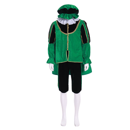 Medieval Men's Green Costume and Black Breeches with White Ruffled Collar for Cosplay or Themed Events Halloween Christmas or Themed Parties