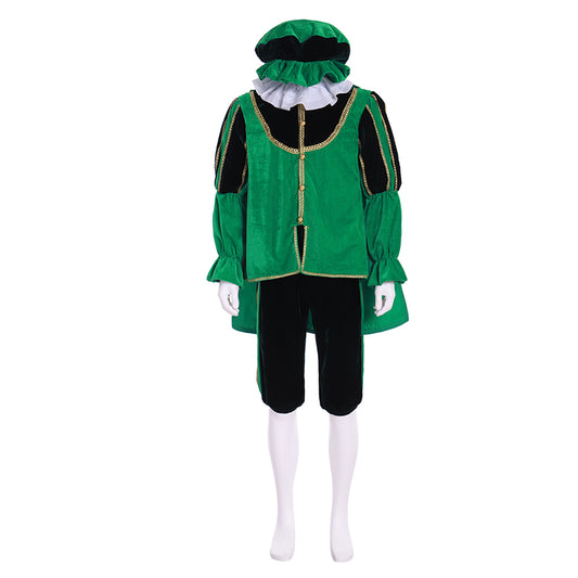 Medieval Men's Green Costume and Black Breeches with White Ruffled Collar for Cosplay or Themed Events Halloween Christmas or Themed Parties