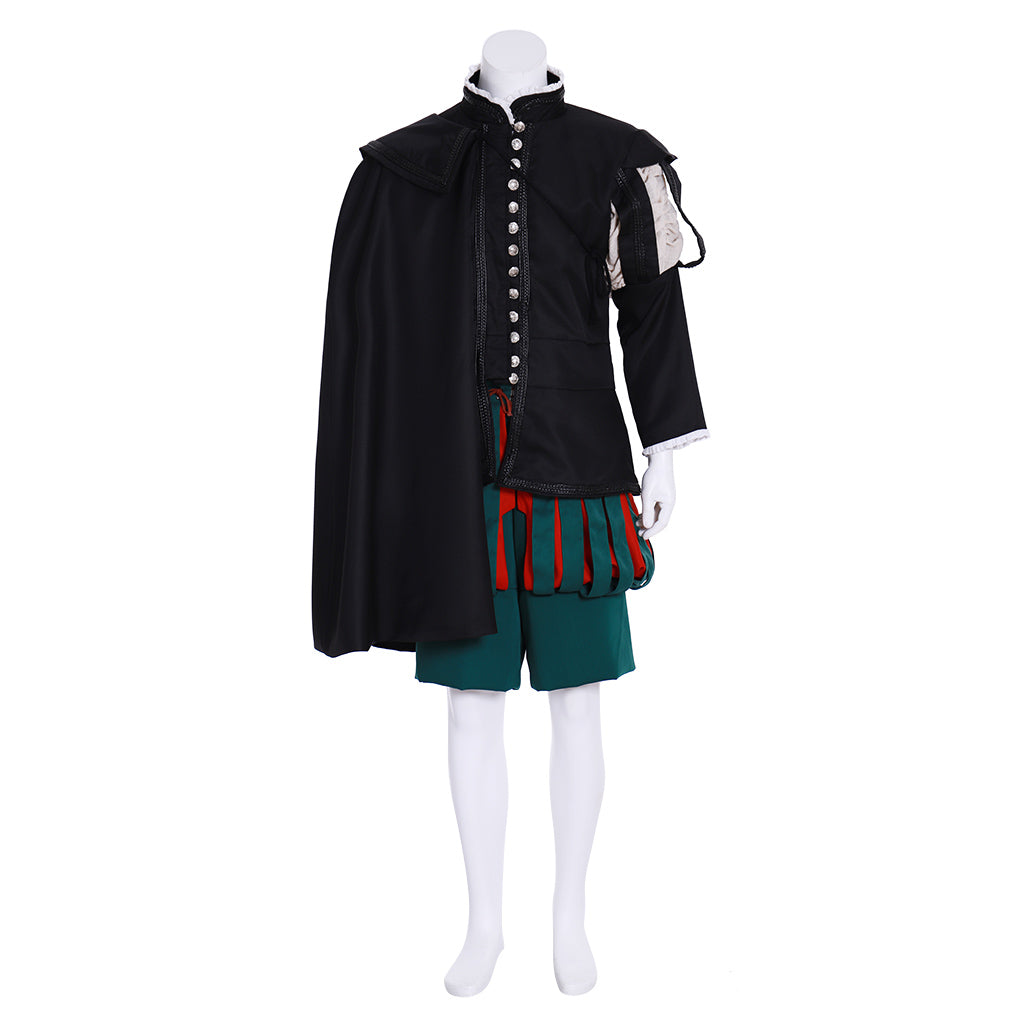 Medieval Men's Black Jacket with White Details and Green Breeches for Cosplay or Themed Events Halloween Christmas or Themed Parties