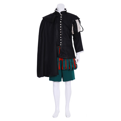 Medieval Men's Black Jacket with White Details and Green Breeches for Cosplay or Themed Events Halloween Christmas or Themed Parties
