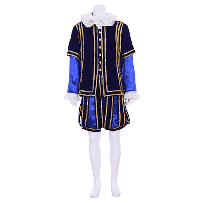Medieval Men's Navy Blue Jacket with Gold Trim and White Ruffled Collar, Matching Blue Breeches for Cosplay or Themed Events Halloween Christmas or Themed Parties