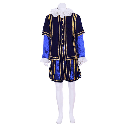 Medieval Men's Navy Blue Jacket with Gold Trim and White Ruffled Collar, Matching Blue Breeches for Cosplay or Themed Events Halloween Christmas or Themed Parties