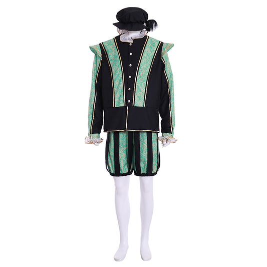 Medieval Men's Black Jacket with Green Trim and Striped Green  Black Breeches for Cosplay or Themed Events Halloween Christmas or Themed Parties