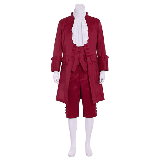 Colonial Men's Red Coat with White Ruffle, Red Waistcoat and Breeches for Cosplay or Themed Events Halloween Christmas or Themed Parties