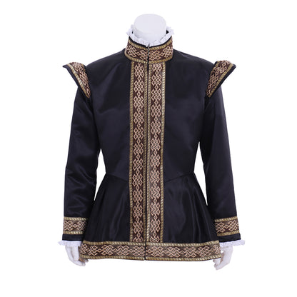 Renaissance Men's Black Jacket with Gold Trim and Ornate Patterns for Cosplay or Themed Events Halloween Christmas or Themed Parties