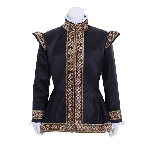 Renaissance Men's Black Jacket with Gold Trim and Ornate Patterns for Cosplay or Themed Events Halloween Christmas or Themed Parties