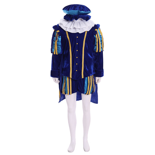 Renaissance Men's Blue Jacket with Gold Trim, White Ruffle and Colorful Striped Breeches for Cosplay or Themed Events Halloween Christmas or Themed Parties