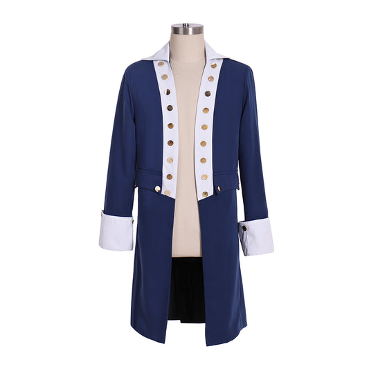 Men's Colonial-style Blue Tailcoat with Gold Buttons and White Trim  for Cosplay Themed Events Halloween Christmas or Themed Parties