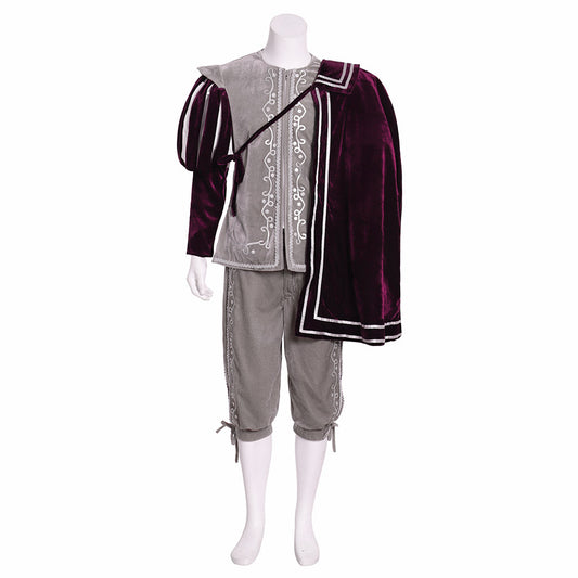 Renaissance Men's Gray Vest with White Trim and Maroon Cloak Tudor  style and Gray Breeches for Cosplay Themed Events Halloween Christmas or Themed Parties