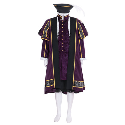 Renaissance Men's Purple Embroidered Robe with Gold Trim and Tricorn Hat Tudor - style for Cosplay Themed Events Halloween Christmas or Themed Parties