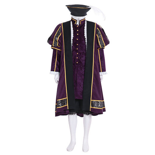 Renaissance Men's Purple Embroidered Robe with Gold Trim and Tricorn Hat Tudor - style for Cosplay Themed Events Halloween Christmas or Themed Parties