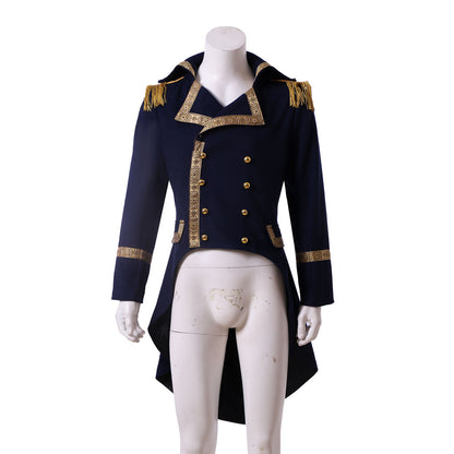 Medieval Men's Navy Blue with Gold Trim Military Tailcoat Costume for Cosplay Themed Events Halloween Christmas or Themed Parties
